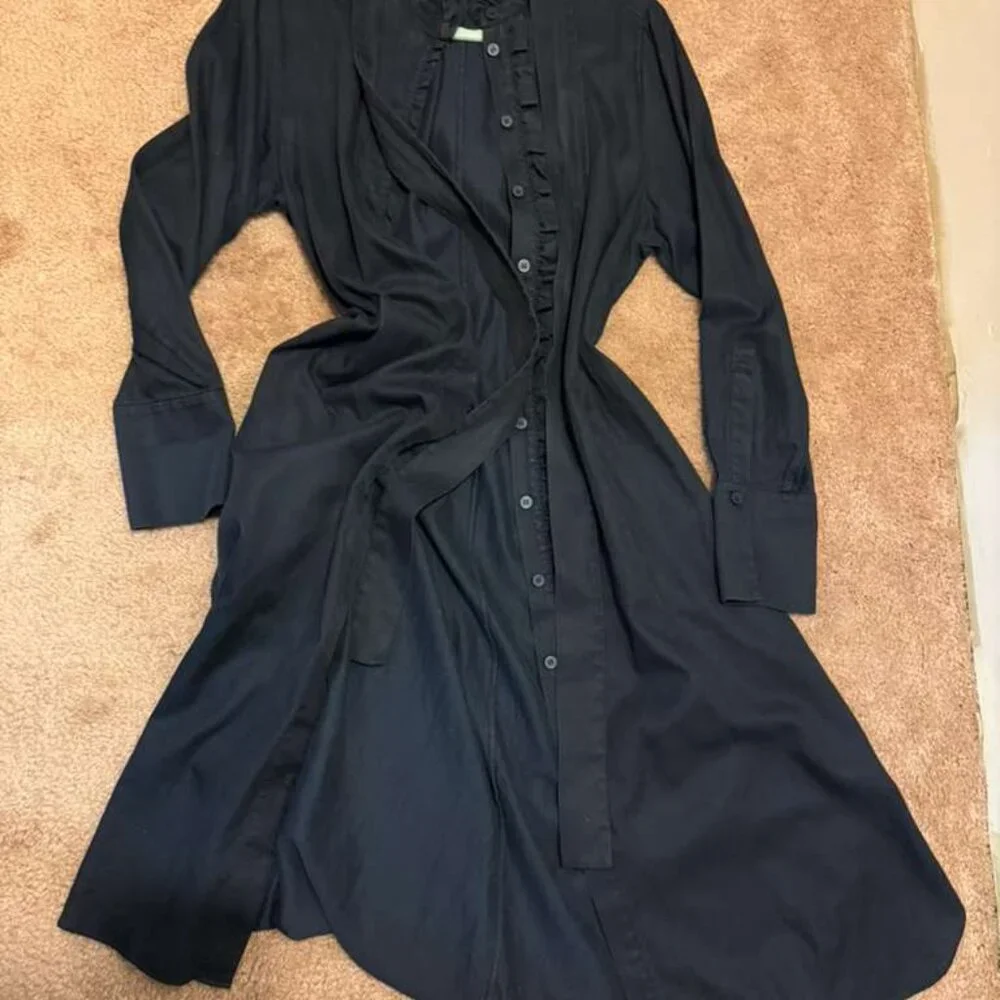 COS Dark Navy Blue Long Shirt Dress | EU34 ~ M | Ruffled Collar | Heavy Cotton - Picture 3 of 7